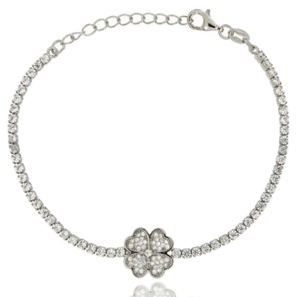 Bracciale tennis con quadrifoglio in argento 925 rodiato e zirconi bianchi cm 17-20